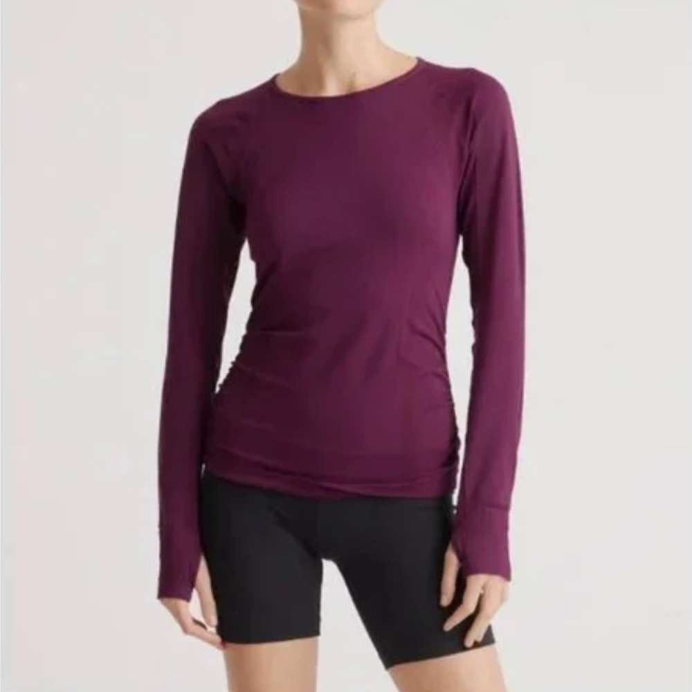 NWT Quince Seamless Ruched Long Sleeve Top Plum Stretch Active Thumb Holes L